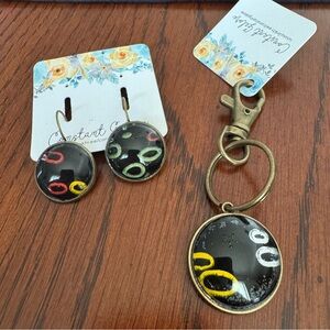 Vintage Wallpaper Art Earrings & Keychain Assemblage Jewelry Handmade Glass Lot